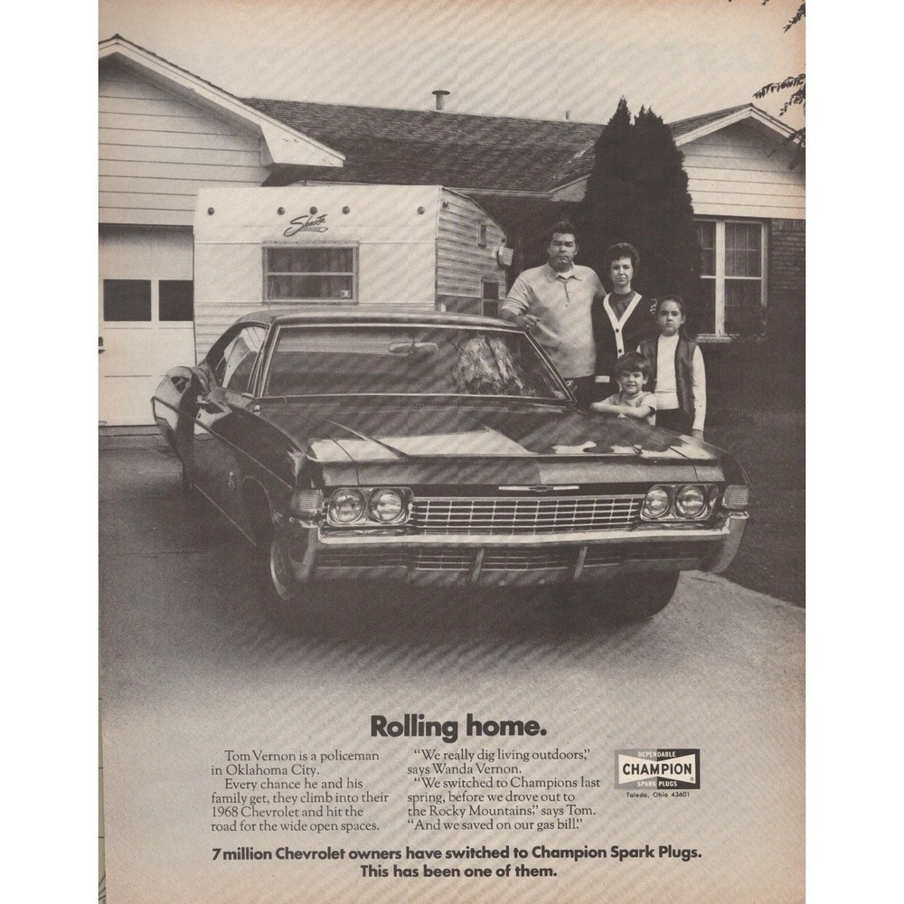 Vintage 1971 Champion Spark Plugs Print Ad 1968 Chevrolet Family Camping Decor